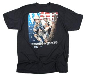 TEE SHIRT NOIR COL ROND MANCHES COURTES IMPRIME " WAR " " SUPPORT OUR TROOPS " DEVANT TAILLE XL